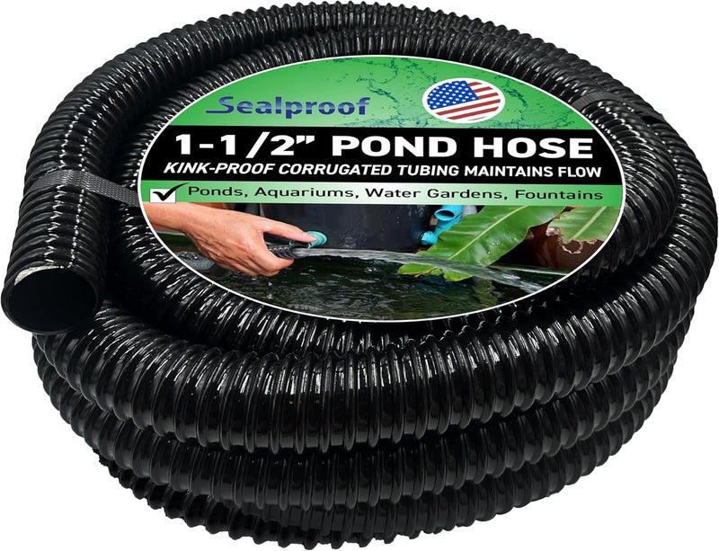 Sealproof Kinkproof 1-1/2" Dia Waterfall, Pond Tubing, 1-1/2-Inch ID, 20 FT, Black Corrugated PVC Strong Flexible Tubing, Made in USA - Image 1